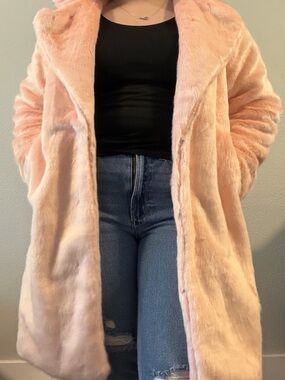 Women's Pink Faux Fur Long Coat